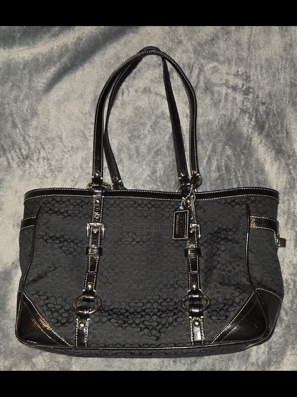 Coach Black Signature Monogram Tote with Patent Trim